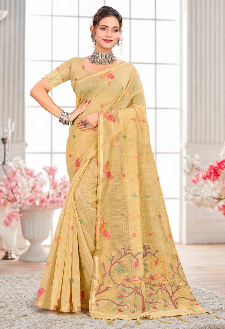 Sangam prints yellow cotton blend woven work traditional saree