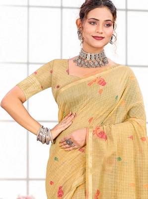 Sangam prints yellow cotton blend woven work traditional saree 2