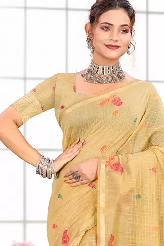 Sangam prints yellow cotton blend woven work traditional saree