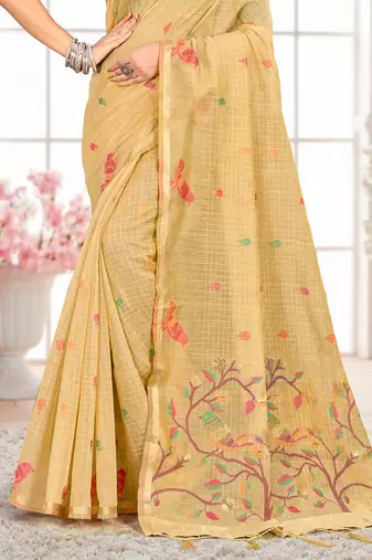 Sangam prints yellow cotton blend woven work traditional saree
