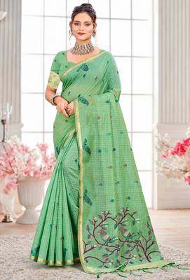 Sangam prints mint green cotton blend woven work traditional saree 1