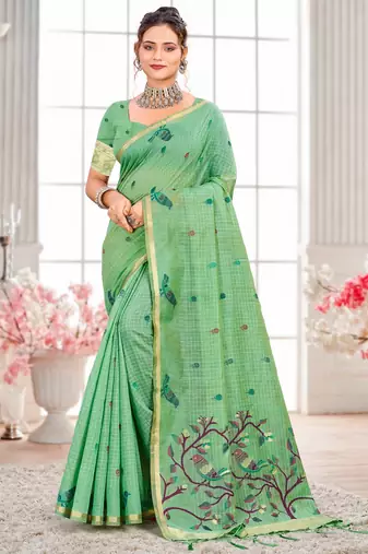 Sangam prints mint green cotton blend woven work traditional saree