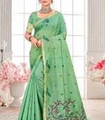 Sangam prints mint green cotton blend woven work traditional saree