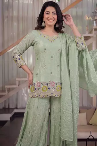 Green pista fendy crush silk party wear sharara palazzo suit set