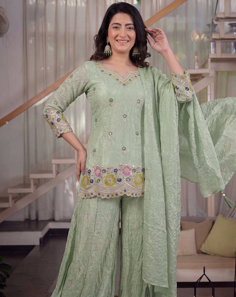 Green pista fendy crush silk party wear sharara palazzo suit set