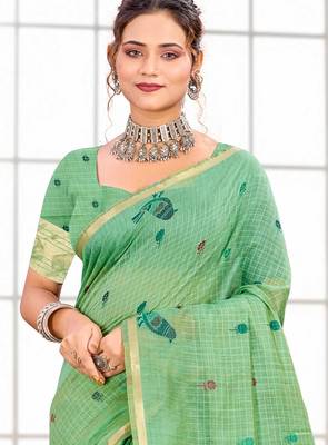 Sangam prints mint green cotton blend woven work traditional saree 2