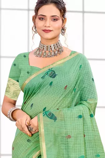 Sangam prints mint green cotton blend woven work traditional saree
