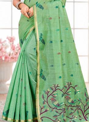 Sangam prints mint green cotton blend woven work traditional saree 3