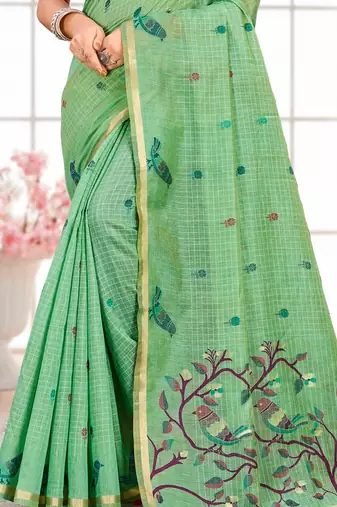 Sangam prints mint green cotton blend woven work traditional saree