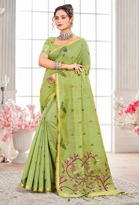 Sangam prints parrot green cotton blend woven work traditional saree 1
