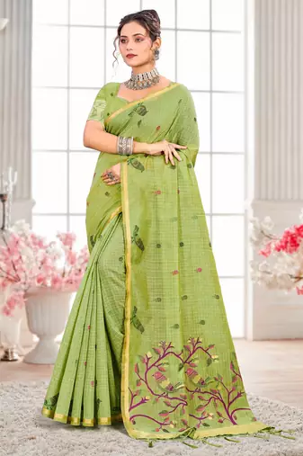 Sangam prints parrot green cotton blend woven work traditional saree