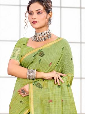 Sangam prints parrot green cotton blend woven work traditional saree 2