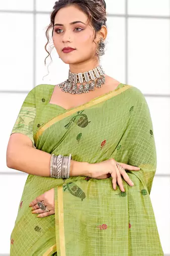 Sangam prints parrot green cotton blend woven work traditional saree