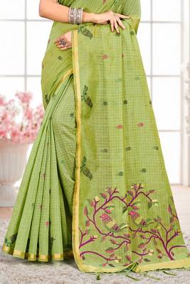 Sangam prints parrot green cotton blend woven work traditional saree 3