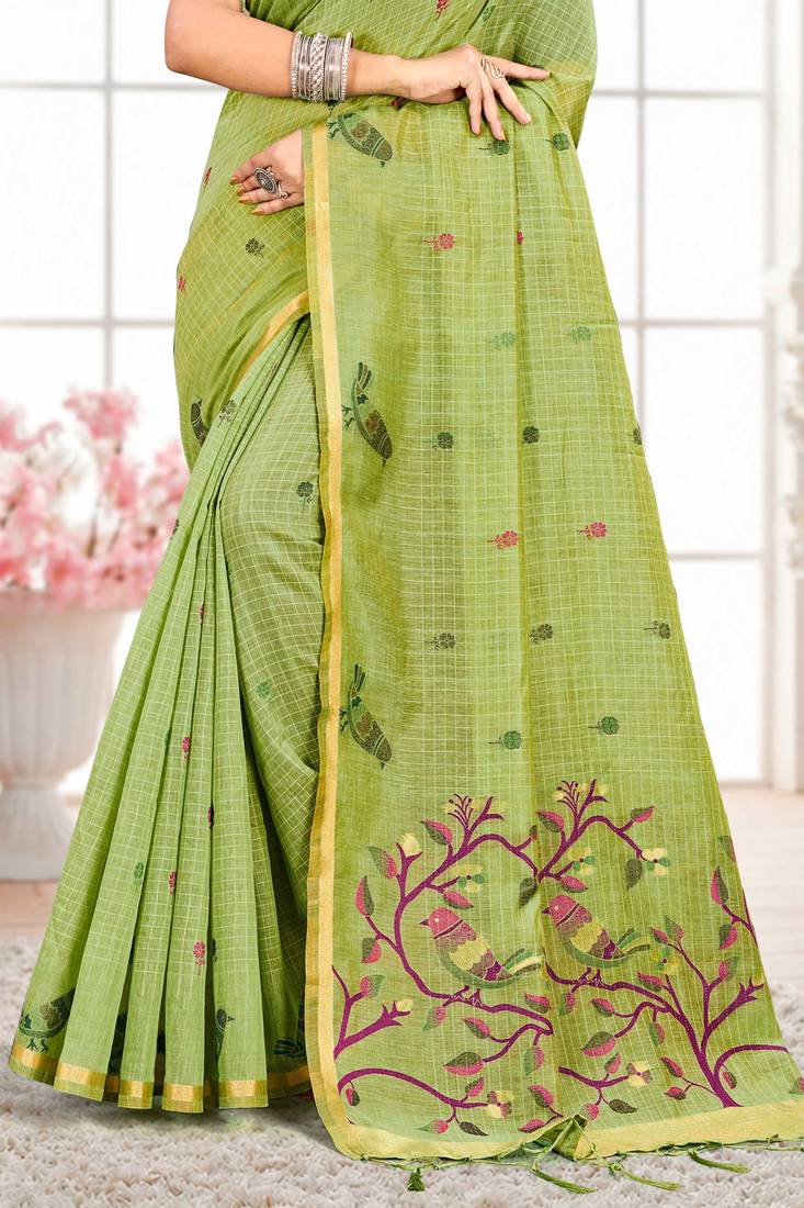 Sangam prints parrot green cotton blend woven work traditional saree