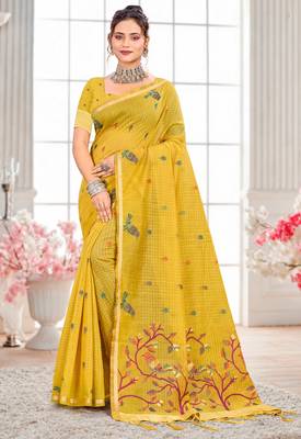 Sangam prints yellow cotton blend woven work traditional saree 1