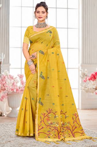 Sangam prints yellow cotton blend woven work traditional saree