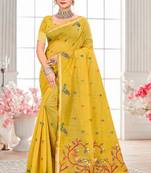 Sangam prints yellow cotton blend woven work traditional saree