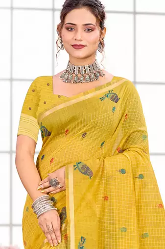 Sangam prints yellow cotton blend woven work traditional saree