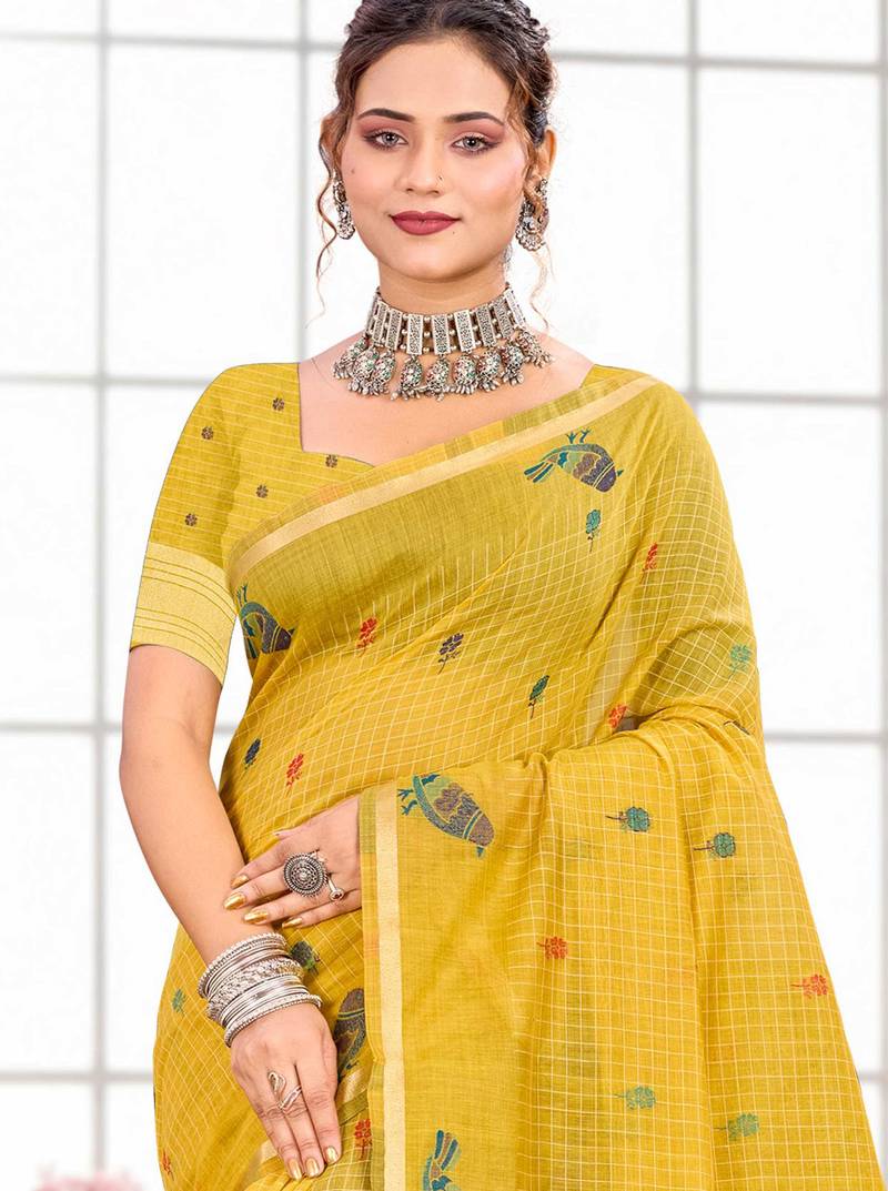 Sangam prints yellow cotton blend woven work traditional saree