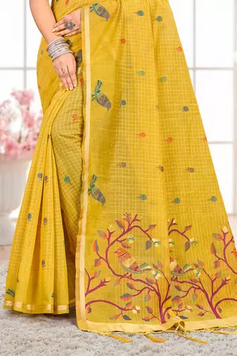 Sangam prints yellow cotton blend woven work traditional saree