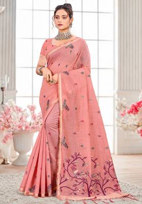 Sangam prints blush pink cotton blend woven work traditional saree 1
