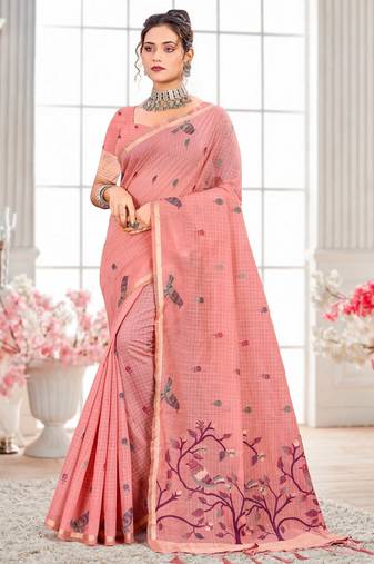 Sangam prints blush pink cotton blend woven work traditional saree