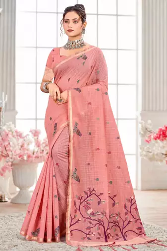 Sangam prints blush pink cotton blend woven work traditional saree