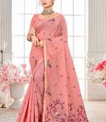 Sangam prints blush pink cotton blend woven work traditional saree