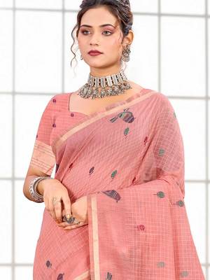 Sangam prints blush pink cotton blend woven work traditional saree 2