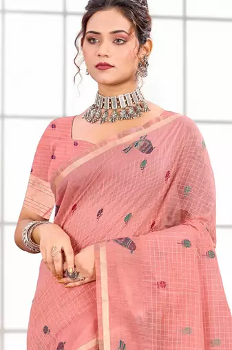 Sangam prints blush pink cotton blend woven work traditional saree