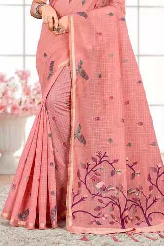 Sangam prints blush pink cotton blend woven work traditional saree
