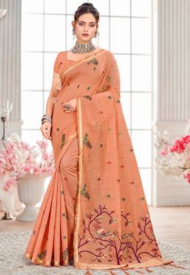 Sangam prints peach cotton blend woven work traditional saree 1