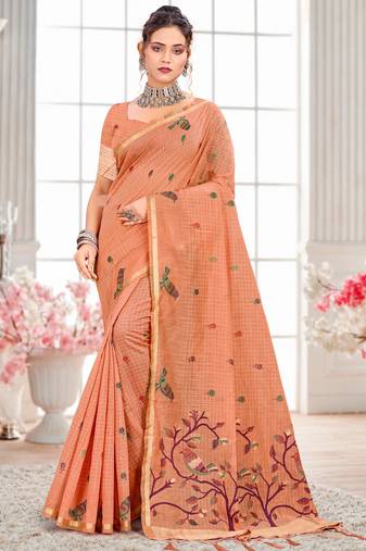 Sangam prints peach cotton blend woven work traditional saree