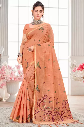 Sangam prints peach cotton blend woven work traditional saree