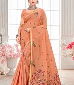 Sangam prints peach cotton blend woven work traditional saree