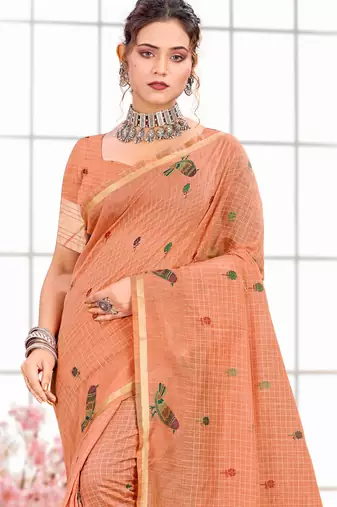 Sangam prints peach cotton blend woven work traditional saree