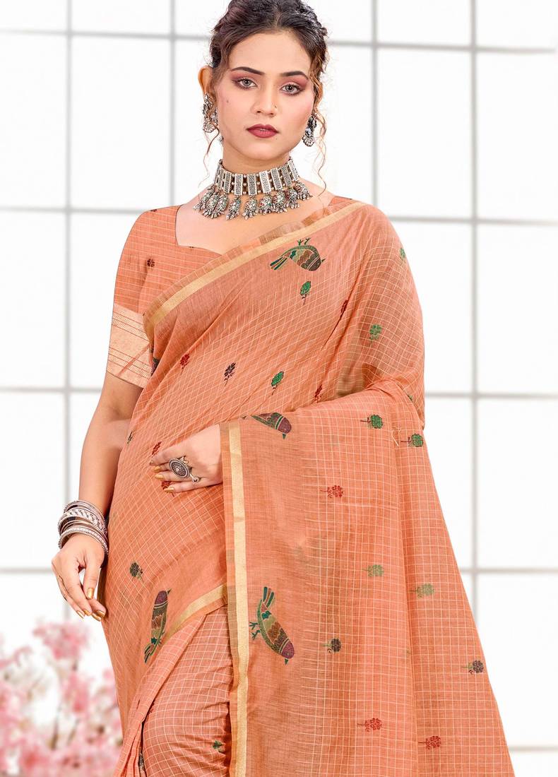 Sangam prints peach cotton blend woven work traditional saree
