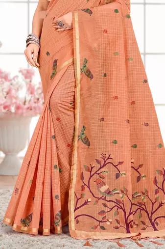 Sangam prints peach cotton blend woven work traditional saree