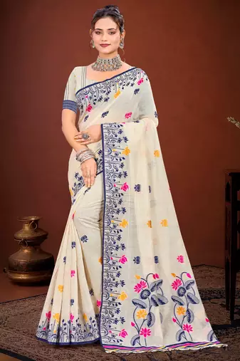 Sangam prints navy blue cotton blend woven work traditional saree