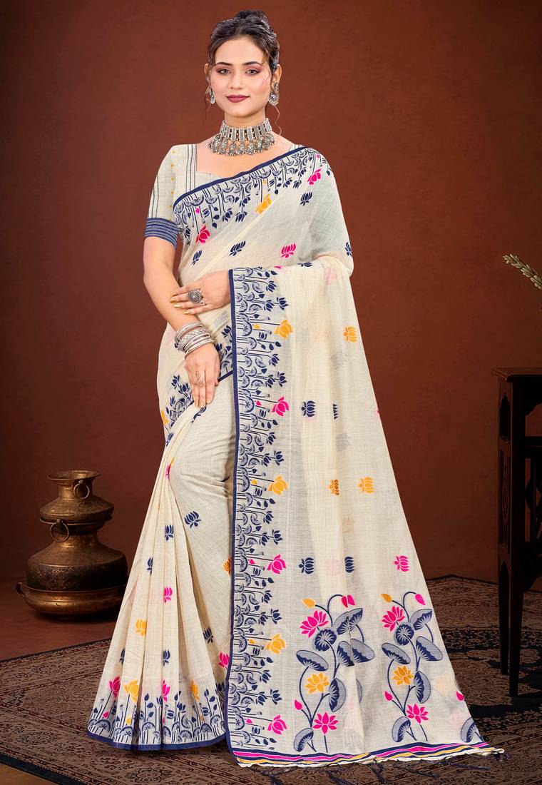 Sangam prints navy blue cotton blend woven work traditional saree