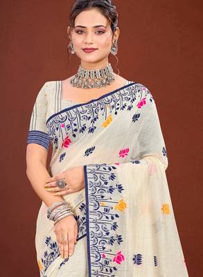 Sangam prints navy blue cotton blend woven work traditional saree 2
