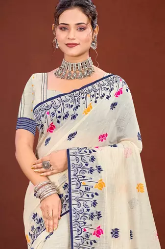 Sangam prints navy blue cotton blend woven work traditional saree