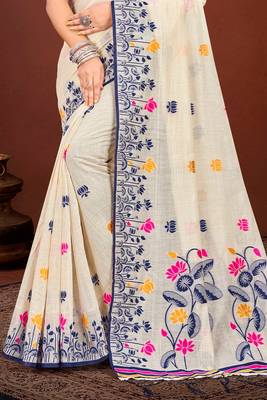 Sangam prints navy blue cotton blend woven work traditional saree 3