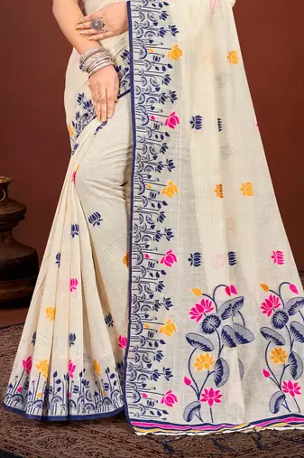 Sangam prints navy blue cotton blend woven work traditional saree