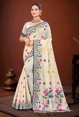 Sangam prints grey cotton blend woven work traditional saree 1