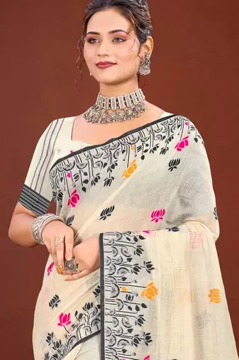 Sangam prints grey cotton blend woven work traditional saree