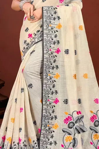 Sangam prints grey cotton blend woven work traditional saree