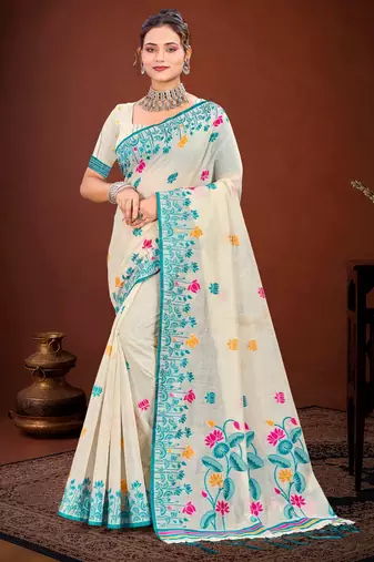 Sangam prints sky blue cotton blend woven work traditional saree