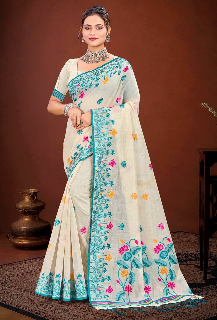 Sangam prints sky blue cotton blend woven work traditional saree